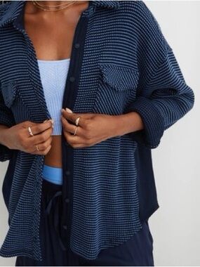 Aerie Waffle Knit Button Down Shirt Blue Striped Oversized Size S